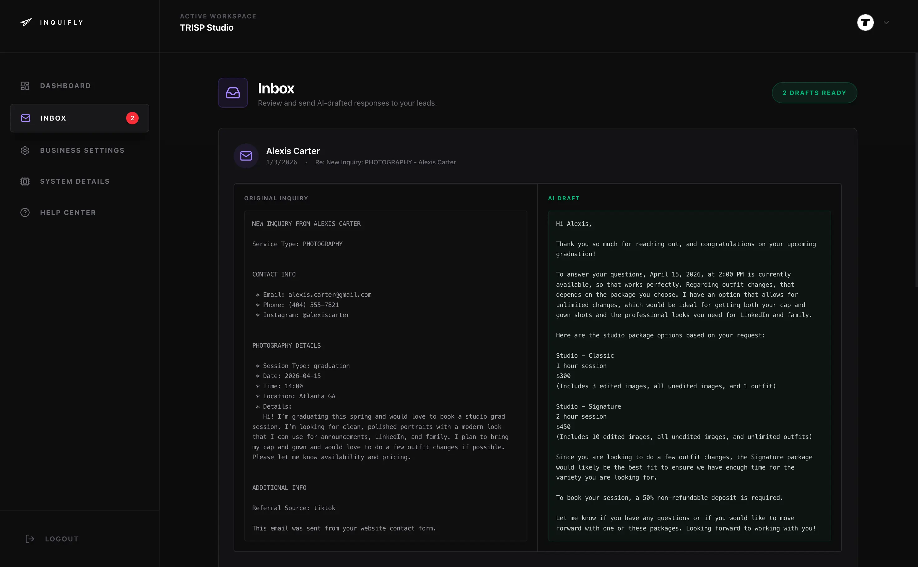 Inquifly inbox showing pending drafts with sender, session type, and status