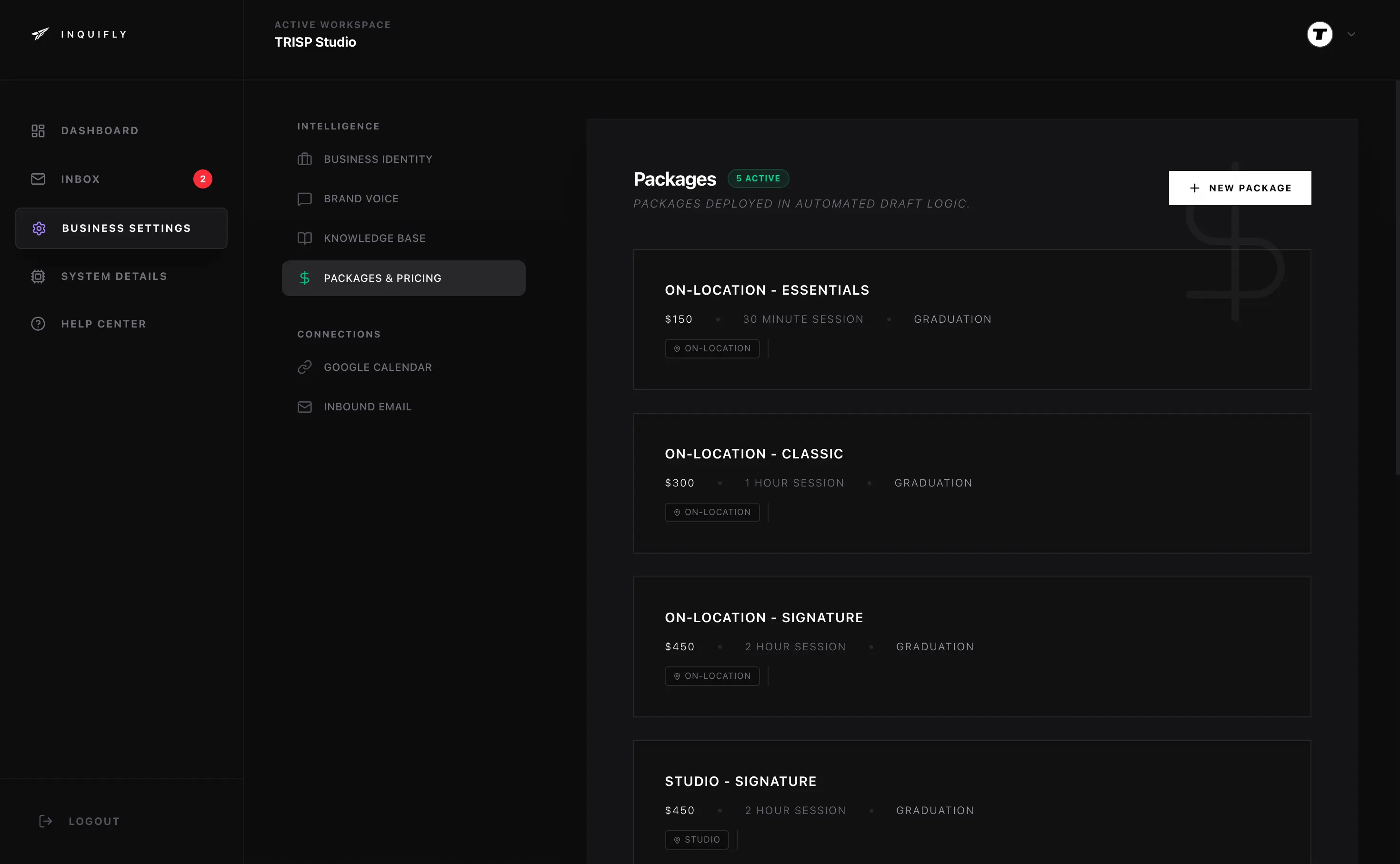 Inquifly settings page showing packages, add-ons, policies, and tone configuration