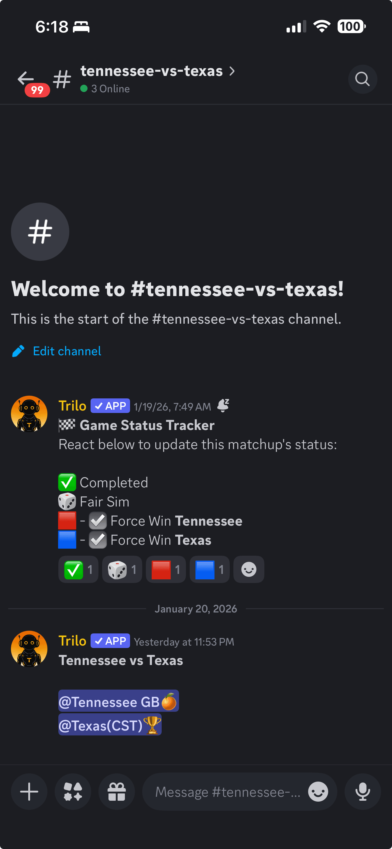 Matchup channel showing game status reactions - ✅ (played), 🎲 (simmed), 🟥/🟦 (force win)