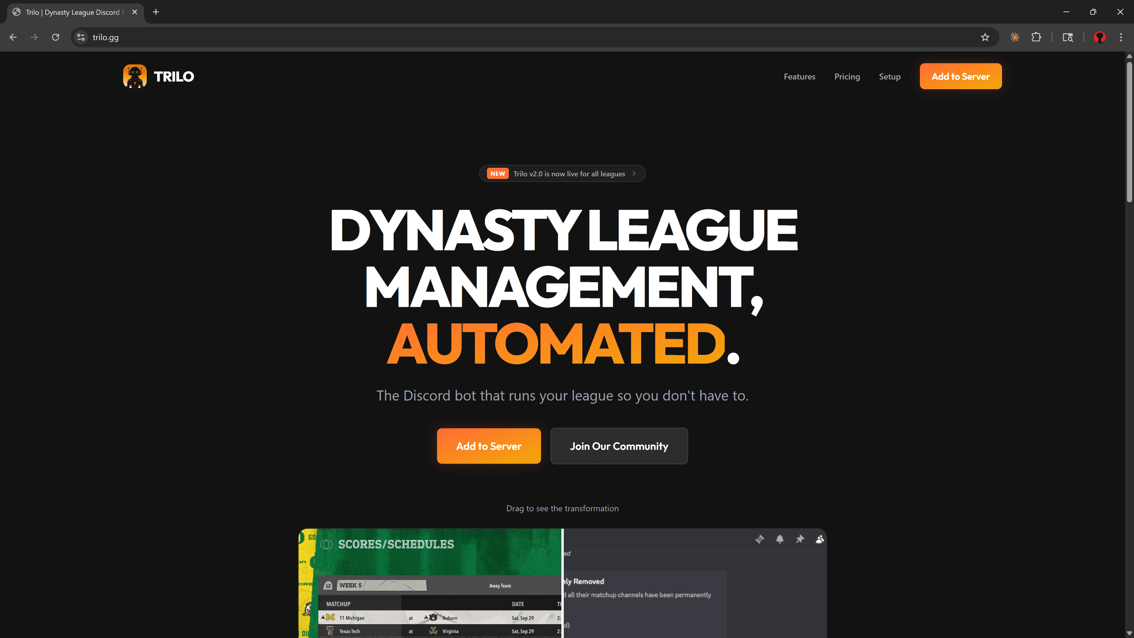 Trilo.gg homepage - Hero section with 'Dynasty League Management, Automated' headline and Discord bot invite CTA