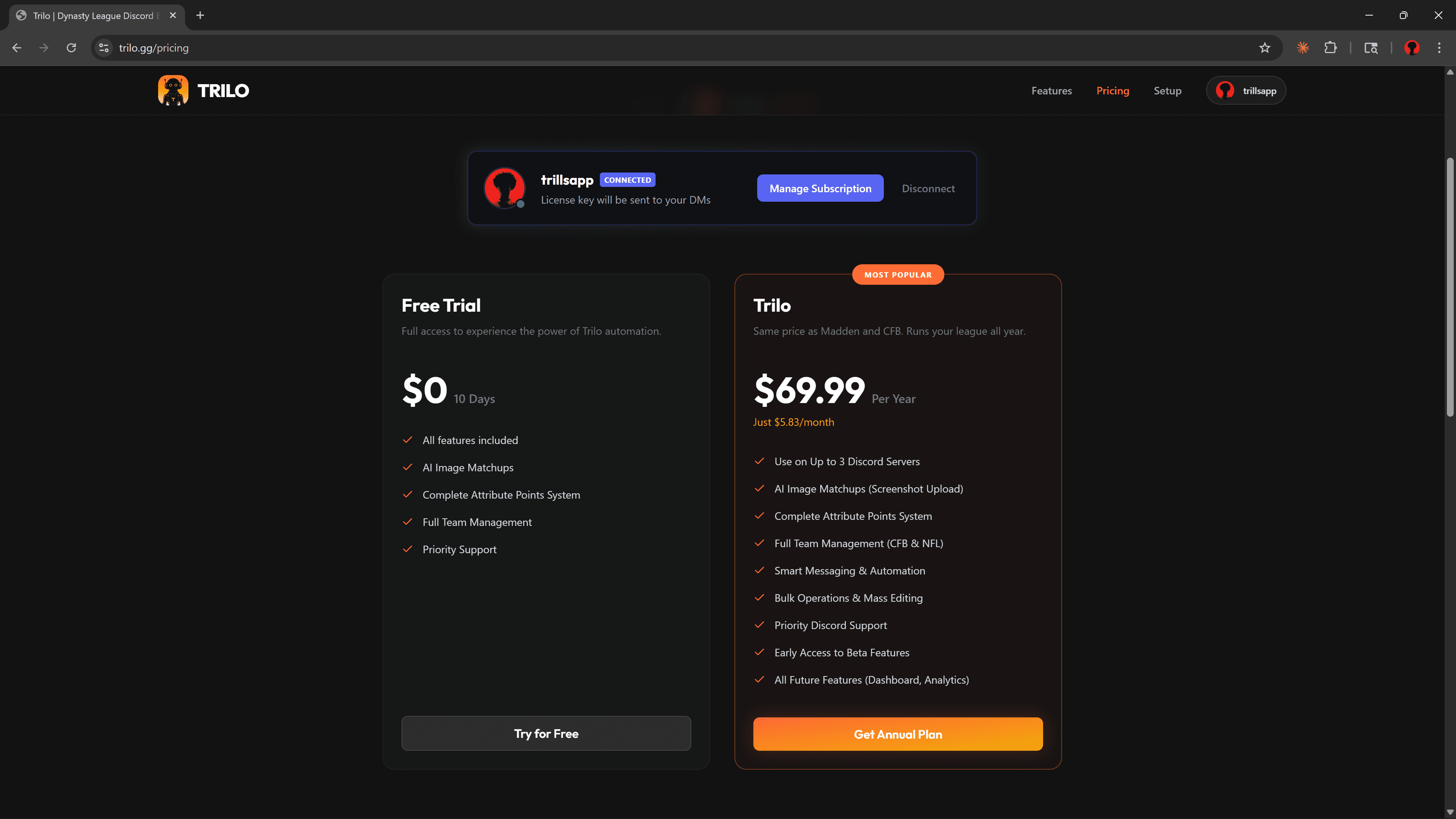 Trilo pricing page with Monthly/Annual toggle, Discord user avatar, and Continue to Checkout CTA