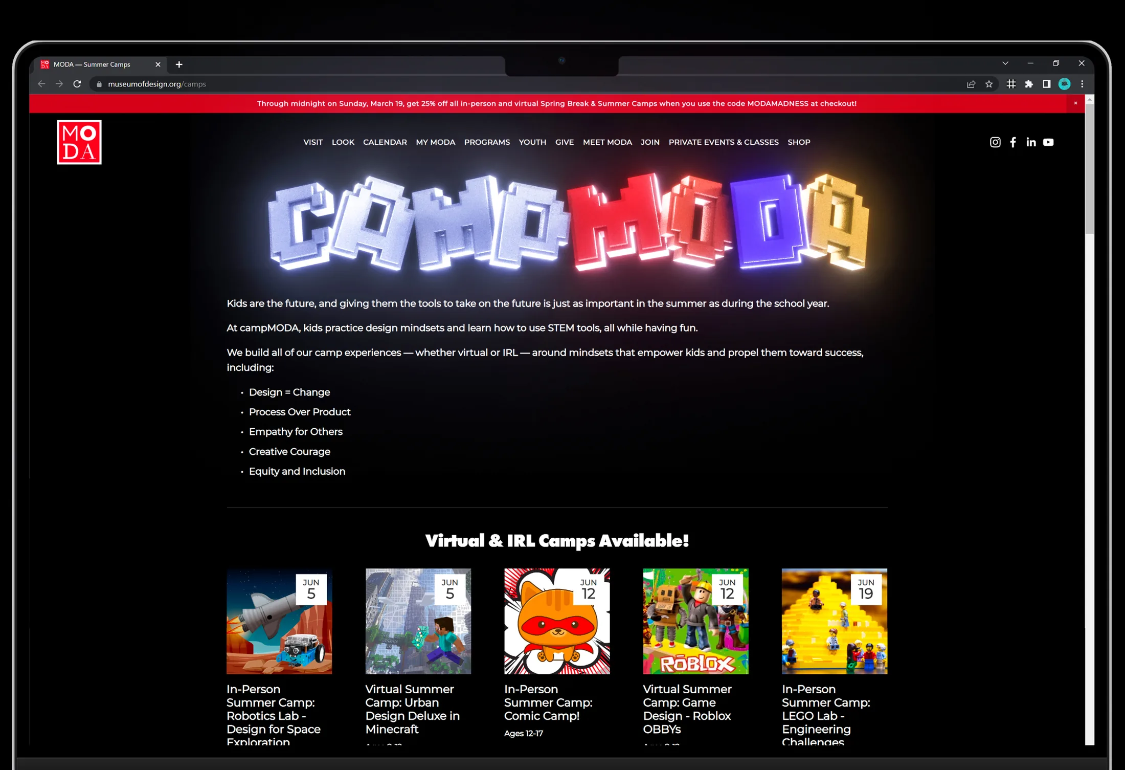 Camp MODA website on a laptop