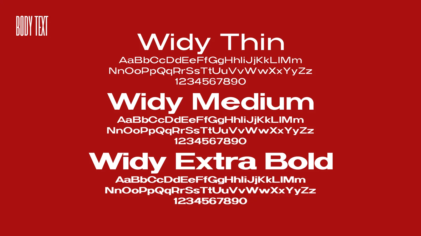 Widy body typeface specimen