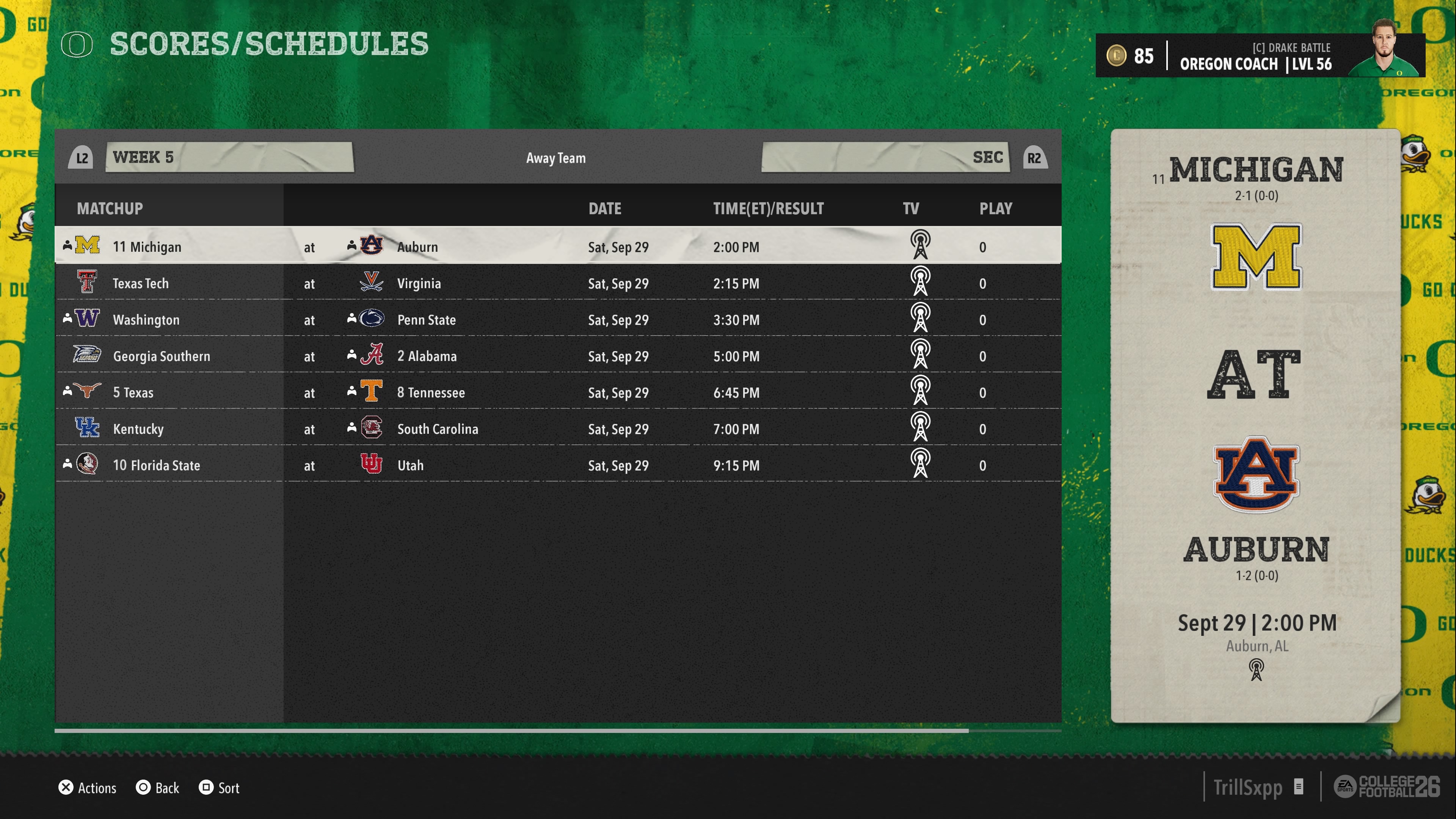 Screenshot of a season schedule from the game